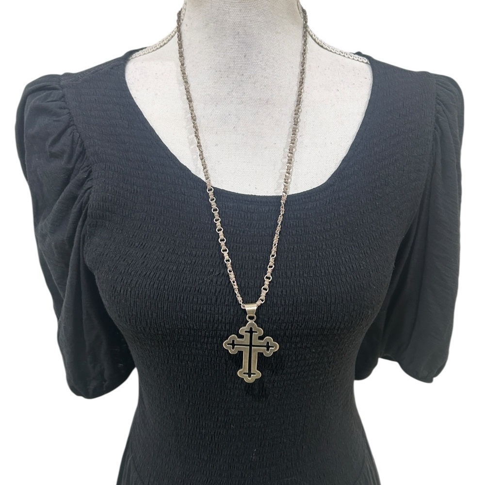 Vintage Artisan made long silver metal Cross Pendant Necklace textured chain